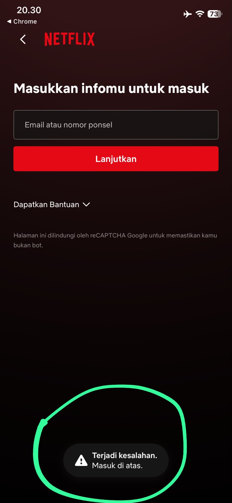 Contoh pesan “Terjadi Kesalahan”. Jika muncul, restart perangkat lalu coba Link Login lagi.